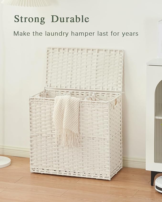 Laundry Hamper with Lid Laundry Basket 132 L (35 Gal) Wicker Clothes Hamper, Handwoven Rattan Hamper with Handles and 4 Removable Liner Bags, 6 Mesh Bags for Laundry Bedroom White