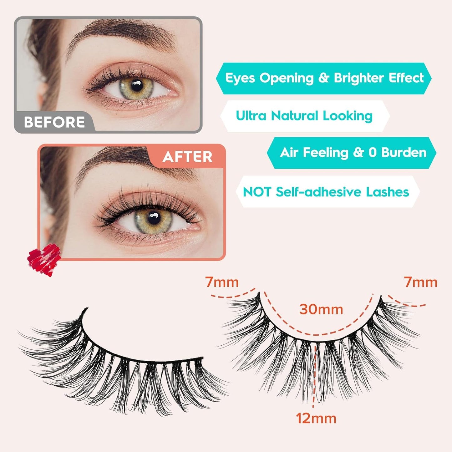 Eyelashes Wispy Natural Lashes 12mm Short Strip Lashes Thinner Band 3D Volume Fake Eyelashes Siligli Eyelashes C Curl False Lashes Pack 7 Pair