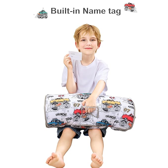 Viviland Toddler Nap Mat with Pillow and Minky Blanket,Rolled Large Sleeping Mat for Boys, Kids Slumber Bag Nap Mat for Preschool, Daycare, Kindergarten, Travel Camping - Monster Truck