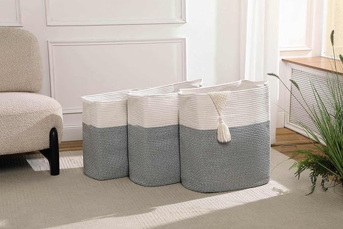 Tall Laundry Basket With Handles,Woven Cotton Rope Big Laundry Hamper Sorters,Versatile Storage for Dirty Clothes,Baby Toys,and Blankets in Bathroom, Nursery,and Living Room (Silver Gray, 68L)
