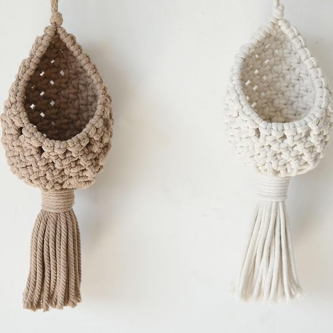 Macrame Wall Hanging Boho Decor Set of 2 Handmade Hanging Accents White & Cream Coffee Color Decorative Woven Wall Art for Living Room or Home Décor