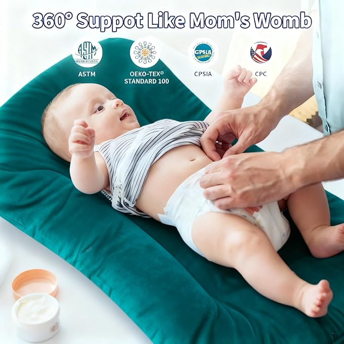 Baby Lounger 0-24 Months 100% Cotton-Snuggle Cozy Me Lounger,Soft & Breathable Tummy Time Mat for Newborn Infant Play Mat,Babies Essentials Gifts,Green(Lounger Cover Included)