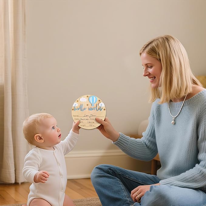 Hello World Newborn Sign - 5.9” Round Wooden Baby Announcement Sign with 3D Hot Air Balloon, Clouds & Stars - Keepsake Birth Gift for Baby Boy’s First Day, Hospital, Shower, or Nursery Décor (Blue)