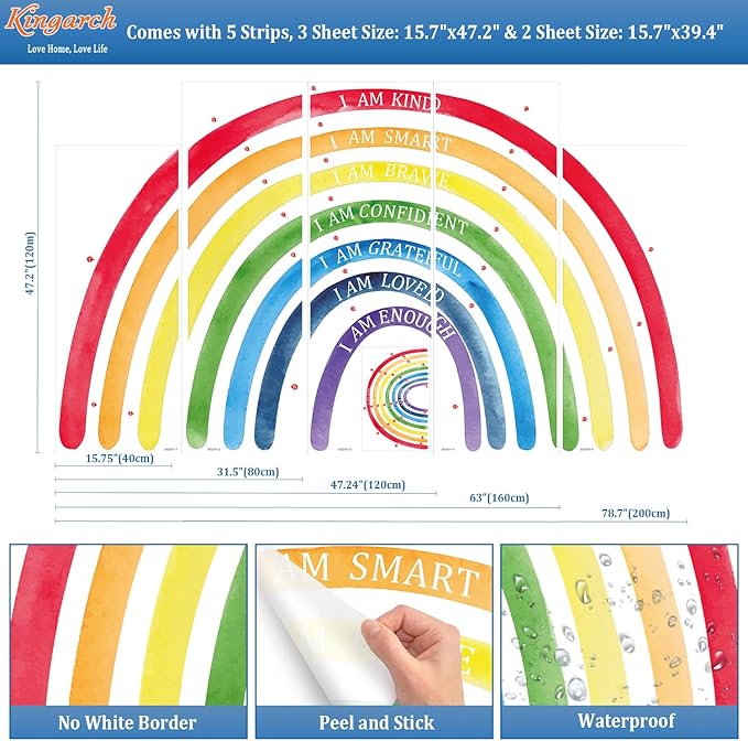 Large Colorful Rainbow Wall Decals, Insparational Peel and Stick Fabric Nursery Wall Decor, Removable Home Room Wall Decor Murals Stickers for Kids Girls Toddler Bedroom Living Room Playroom