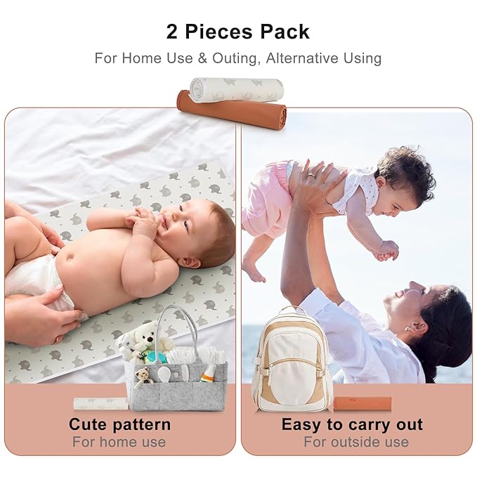 Vegan Leather Baby Changing Mat - Wipeable Portable Changing Pad 2 Pack, Foldable Travel Changing Mat for Baby, Newborns Toddlers Shower Gifts (Rainbow&Elephant,15.75"*28")