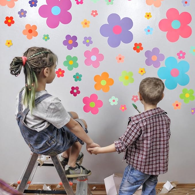 9 Sheets Colorful Daisy Wall Stickers, Removable Flowers Self-Adhesive Sticker, Cute PVC Floral Wall Decor, Aesthetic Gift for Girls Teen Nursery Bedroom Dorm Kindergarten
