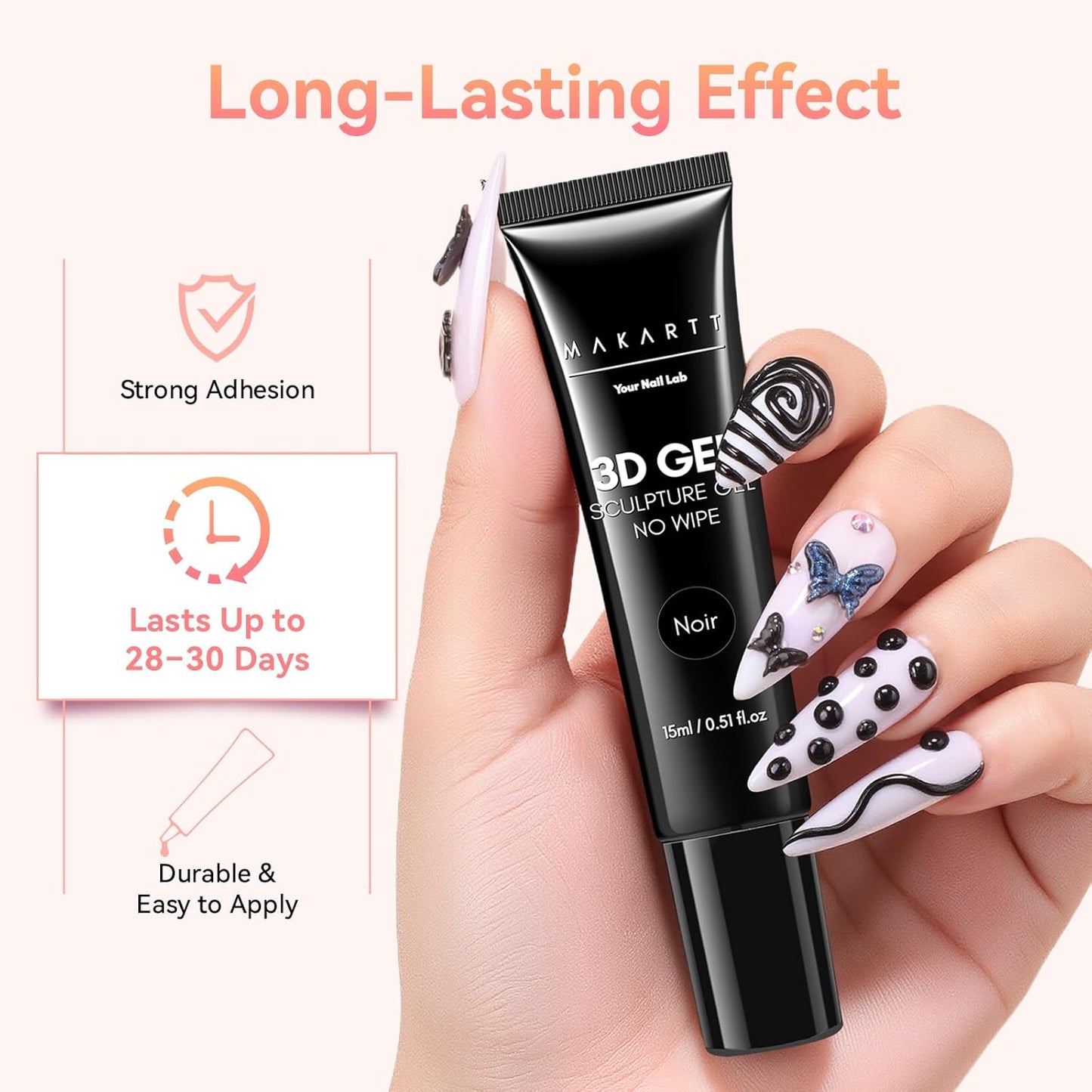 Makartt 3D Gel Nail Art: 15g Sculpting Gel Nail Art Glue for Craving Black Candy Molding Gel No Wipe Embossed Gel Polish Rhinestone Nails Charm Glue Decoration Manicure Designs (Noir)