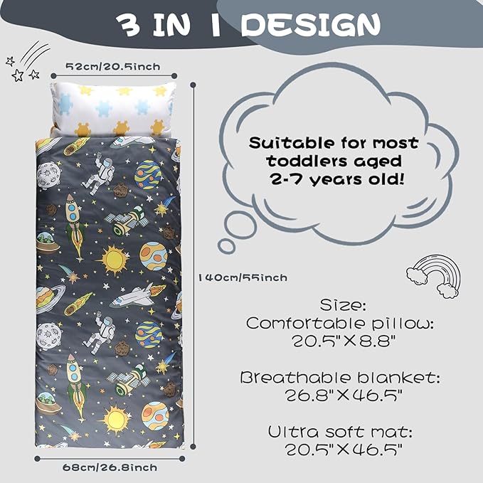 Toddlers Nap Mat with Removable Pillow and Soft Blanket, Lightweight Daycare Preschool Kindergarten Sleeping Bag, Travel Slumber for Kids Girls Boys