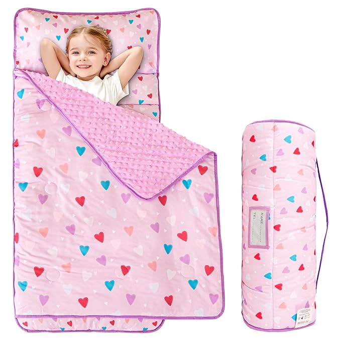 Viviland Toddler Kid Nap Mat for Preschool, Girls Heart Slumber Bag, Purple Daycare Sleeping Mats with Pillow and Blanket, Kindergarten Sleep Mat
