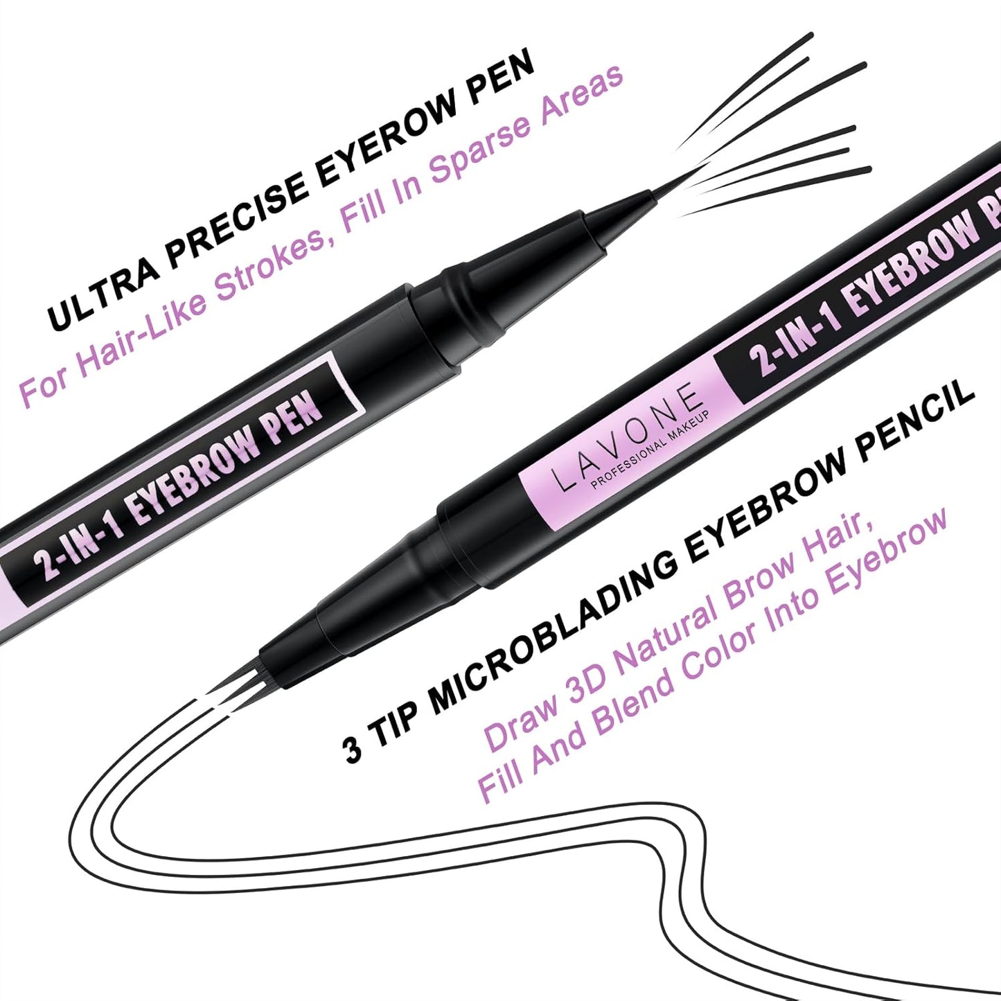 LAVONE Eyebrow Pencil, 2-In-1 Waterproof Eyebrow Pen, with 3 Tip Microblading Eyebrow Pen and Ultra-Precise Brow Pencil, Dual-ended Eyebrow Brush, for Eyebrow Makeup - Black