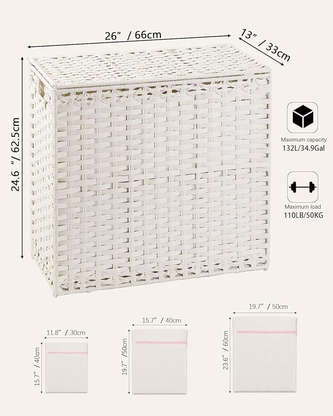 Laundry Hamper with Lid Laundry Basket 132 L (35 Gal) Wicker Clothes Hamper, Handwoven Rattan Hamper with Handles and 4 Removable Liner Bags, 6 Mesh Bags for Laundry Bedroom White