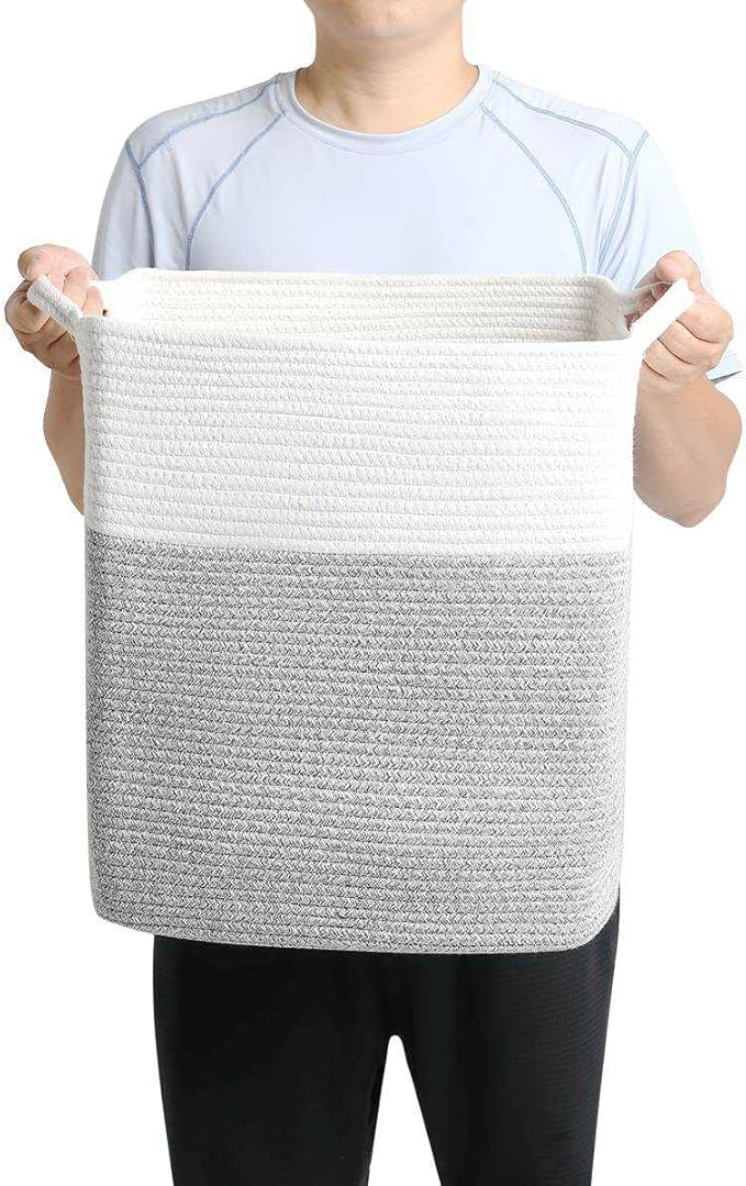 Tall Laundry Basket With Handles,Woven Cotton Rope Big Laundry Hamper Sorters,Versatile Storage for Dirty Clothes,Baby Toys,and Blankets in Bathroom, Nursery,and Living Room (Silver Gray, 50L)