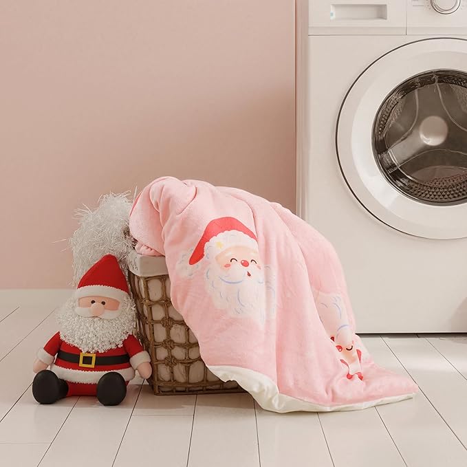 JANZAA Christmas Full Size Comforter Sets, Pink Flannel Comforter with Santa Pattern, Soft Cozy Fleece Bedding Set Fluffy Comforter Set 1 Full Comforter(79"*90") and 2 Pillowcases (20"*26")