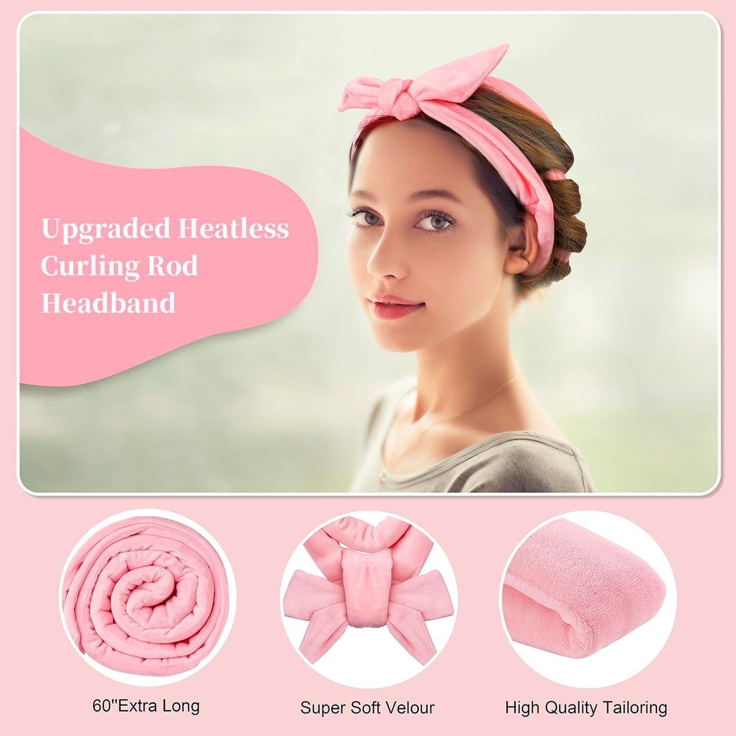 Heatless Curling Rod Headband, Upgraded 60" Extra Long Heatless Curls Headband Soft Hair Curlers to Sleep In Hair Rollers No Heat Curls (Deep Pink)