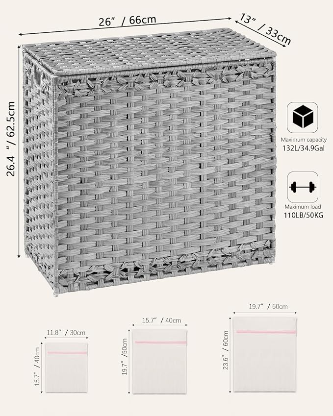 Laundry Hamper with Lid Laundry Basket 132 L (35 Gal) Wicker Clothes Hamper, Handwoven Rattan Hamper with Handles and 4 Removable Liner Bags, 6 Mesh Bags for Laundry Bedroom Gray
