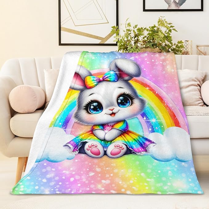 Girls Blanket Bunny Throw Blankets for Toddler Kids Daughter Birthday, 30X40 Inches Soft Lightweight Cute Rabbit Throw for Sofa Couch Bed Travel Rainbow Print Decor Gift