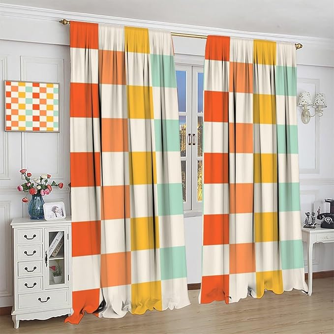70s Retro Curtains,Cute Green Pink Yellow Checkered Hippie Window Treatments for Kids Girl Bedroom Window 63"" W X 63"" L, Style-7