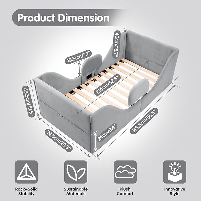 Toddler Floor Bed with Removable Safety Rails, Standard Crib Size Low Profile Toddler Bed Frame for Kids 1-7 Years, Soft Velvet Montessori Bed (Mattress Not Included)