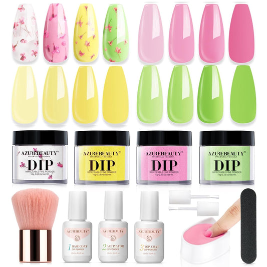 AZUREBEAUTY Dip Powder Nail Kit Bright Yellow with Base Top Coat Activator Dried Flowers for French Nails Art Manicure DIY Salon