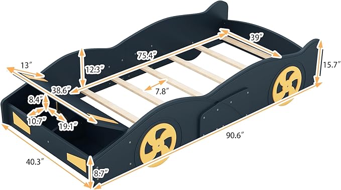 SOFTSEA Twin Car-Shaped Platform Bed with Storage and Wheels, Twin Race Car Bed Frames with Storage for Kids, No Box Sping Needed, Black+Yellow
