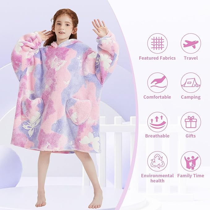 Fiosnow Glow in the Dark Butterfly Blanket Hoodies for Kids 6-13YR Oversize Wearable Blanket Hoodies for Boys Girls Teens