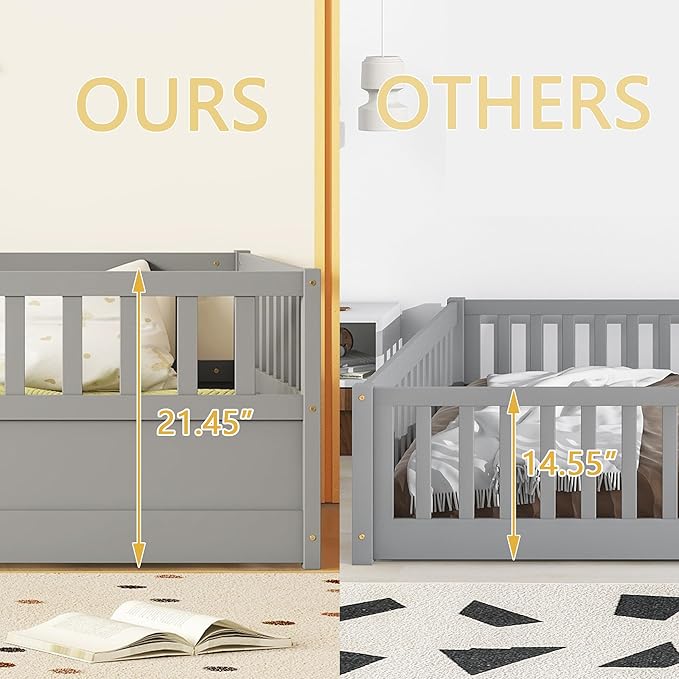 Twin Size Floor Bed with High Fence, Door and Slats, Twin Floor Bed with Slats(Gray Twin)