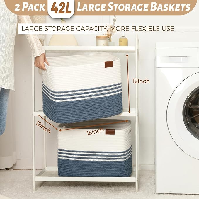 Storage Baskets, 42L*2 Pack Storage Baskets for Organizing, Laundry Basket for Closet, Cotton Rope Blanket Basket for Storage, Toy Storage Basket for Living Room, Laundry Room, Bedroom-Navy