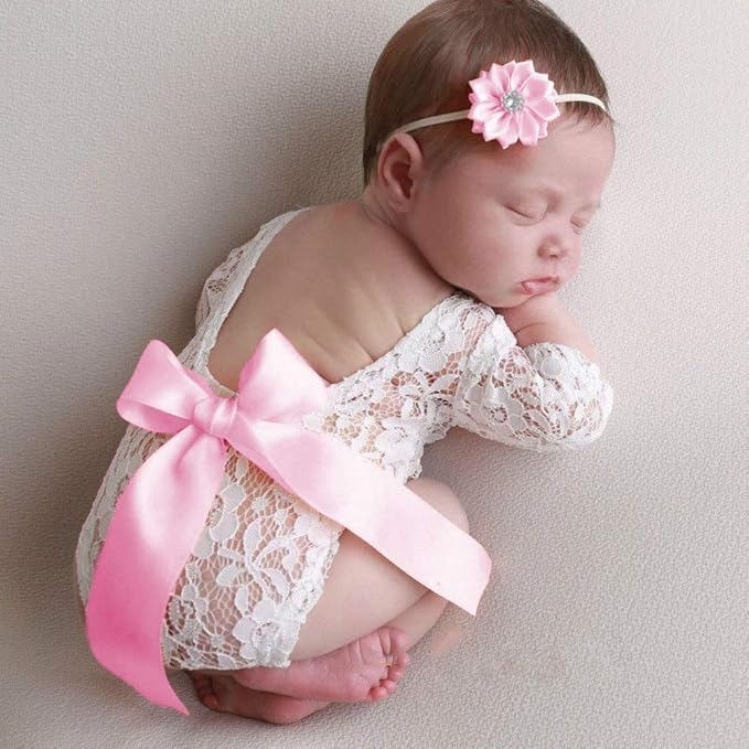 Newborn Girl Photography Outfits, Backless Lace Romper with Flower Headband Photo Props, Baby Girl Photoshoot Outfits