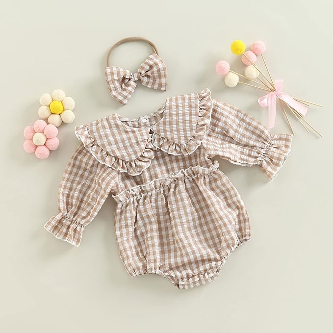 2pcs Infant Baby Girls Romper Dress Headband Long Sleeve Clothing Flowers Newborn Boho Girl Outfit Jumpsuit Clothes