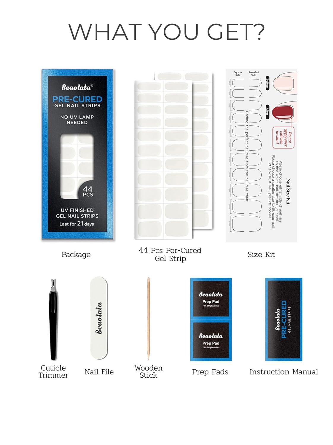 Pre Cured Gel Nail Strips - 44PCS Salon Quality Gel Nail Stickers - Long Lasting Polish Wraps for Women no UV Light Needed Easy Apply& Remove (Pearl White)