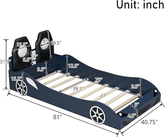 Bellemave Wood Twin Size Race Car-Shaped Platform Bed with LED and Upholstered Backrest, Kid's Platform Bed Frame with Race Car-Shaped and Safety Guardrails for Kids, Boys, Girls.(Blue)