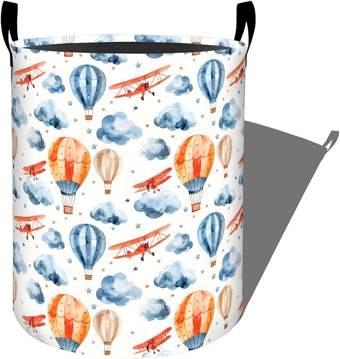 Whimsical Hot Air Balloon Laundry Basket with Handles, 19.7"x15.7" Clothes Foldable Airplane Cloud Scene Laundry Hamper Organizer for Dorm Nursery Bedroom Bathroom Decor, Toy Storage Bin for Kids