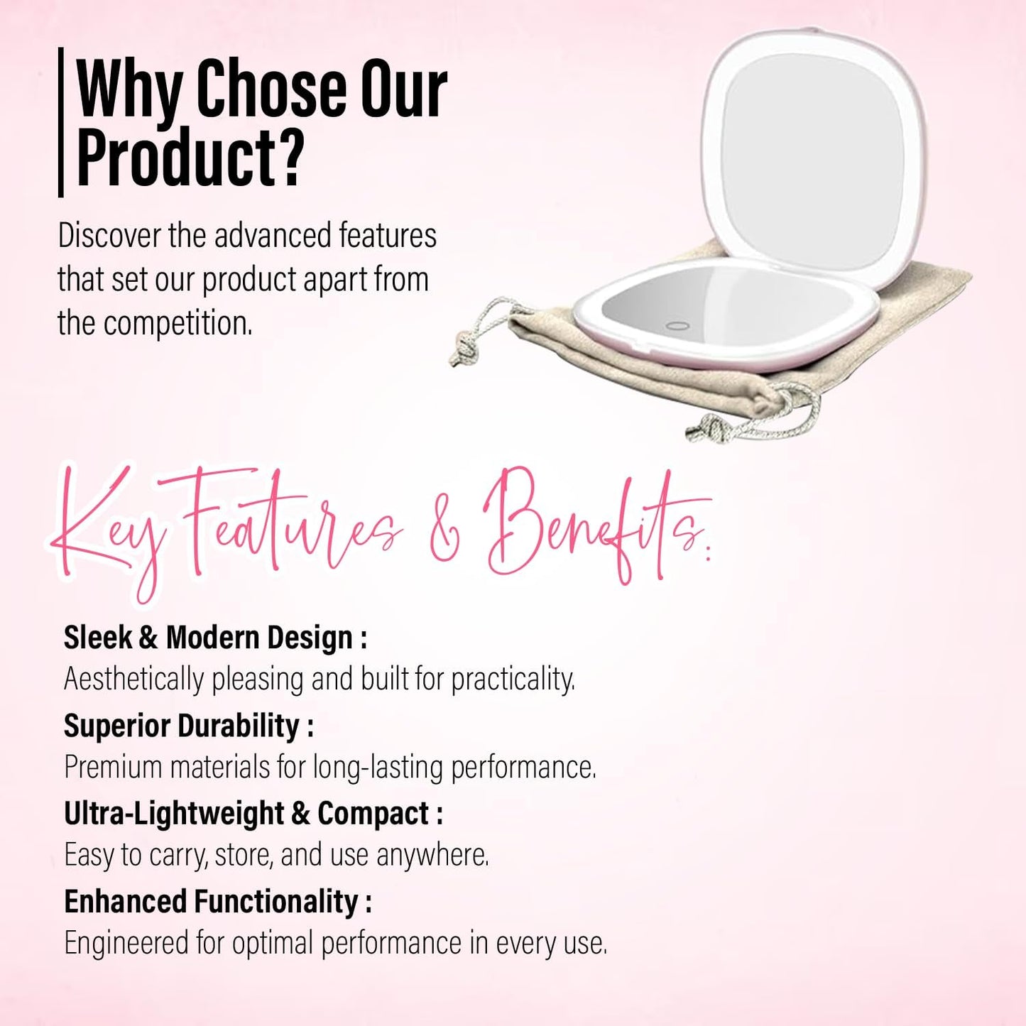 LED Compact Mirror – 1x & 10x Magnification | Travel Makeup Mirror with Adjustable Lighting | Handheld & Pocket-Sized Portable Mirror with Protective Pouch (Pink)