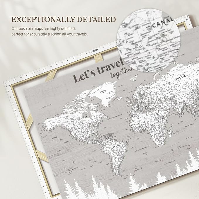ElephantStock - Let's Travel II Push Pin World Map Wall Art - Horizontal Canvas Wall Art - Living Room Wall Decor - Digital Art Map Canvas Art - Gray And White Decor - 12" x 8"