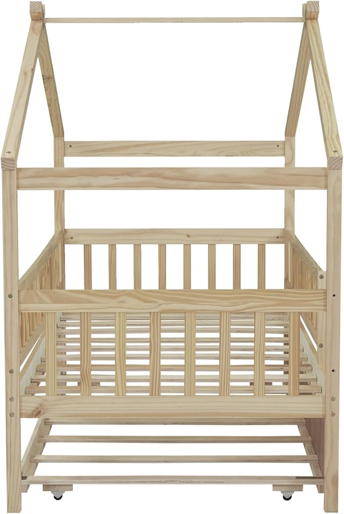 Harper & Bright Designs Twin House Bed with Trundle, Kids Platform Frame Rails and Roof, Tent Bed, Wood Playhouse Montessori for Teens Girls Boys, No Box Spring Needed (Natural)