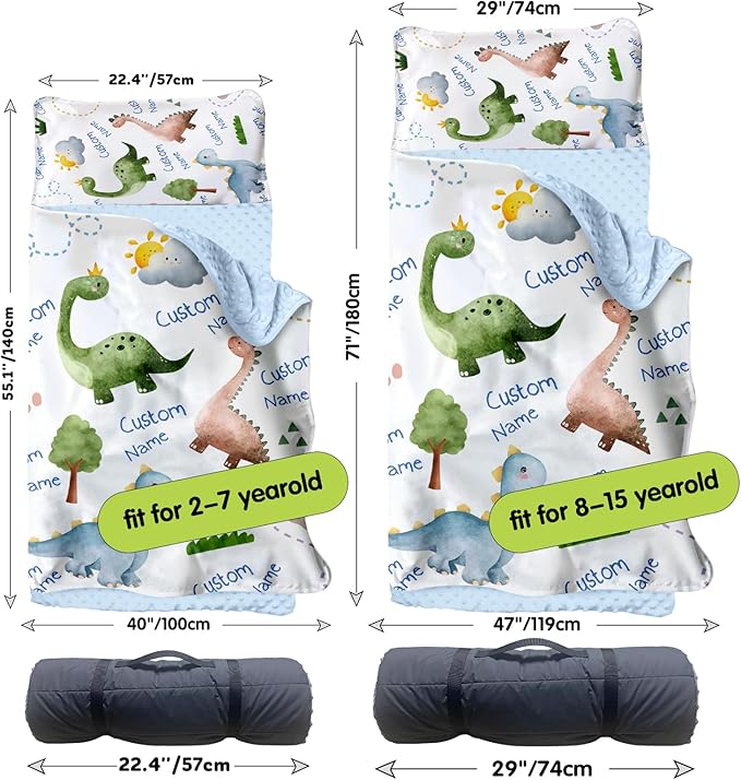 Personalized Toddler Nap Mats for Preschool, Custom Name Kids Sleeping Bag for Daycare, Roll Up Sleeping Mat with Removable Pillow and Soft Dot Minky Blanke for Boys Camping Travel