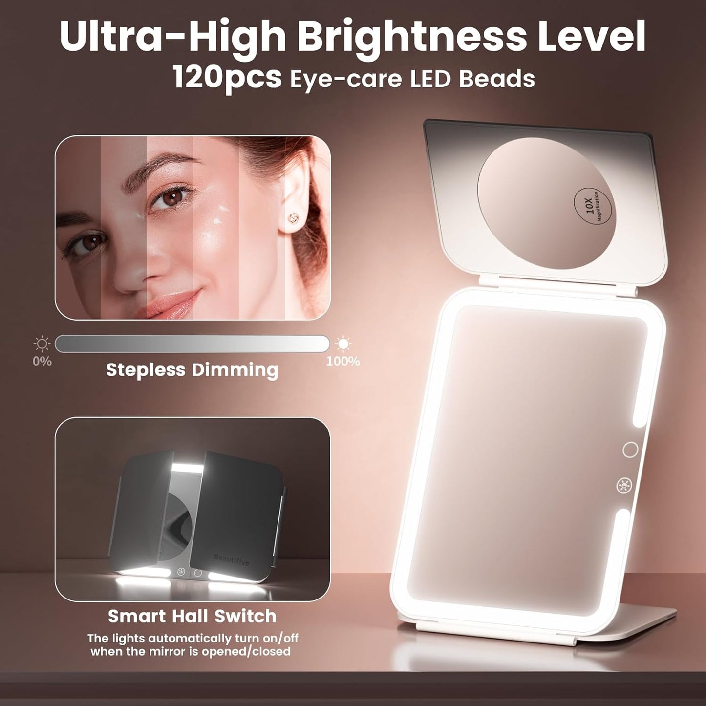 Trifold Travel Lighted Makeup Mirror, 5000mAh Rechargeable Light Up Magnifying Mirrors 1X/3X/10X, 3 Color Lighting&Stepless Dimming, Ultra Bright and Multi-Angle Adjustment
