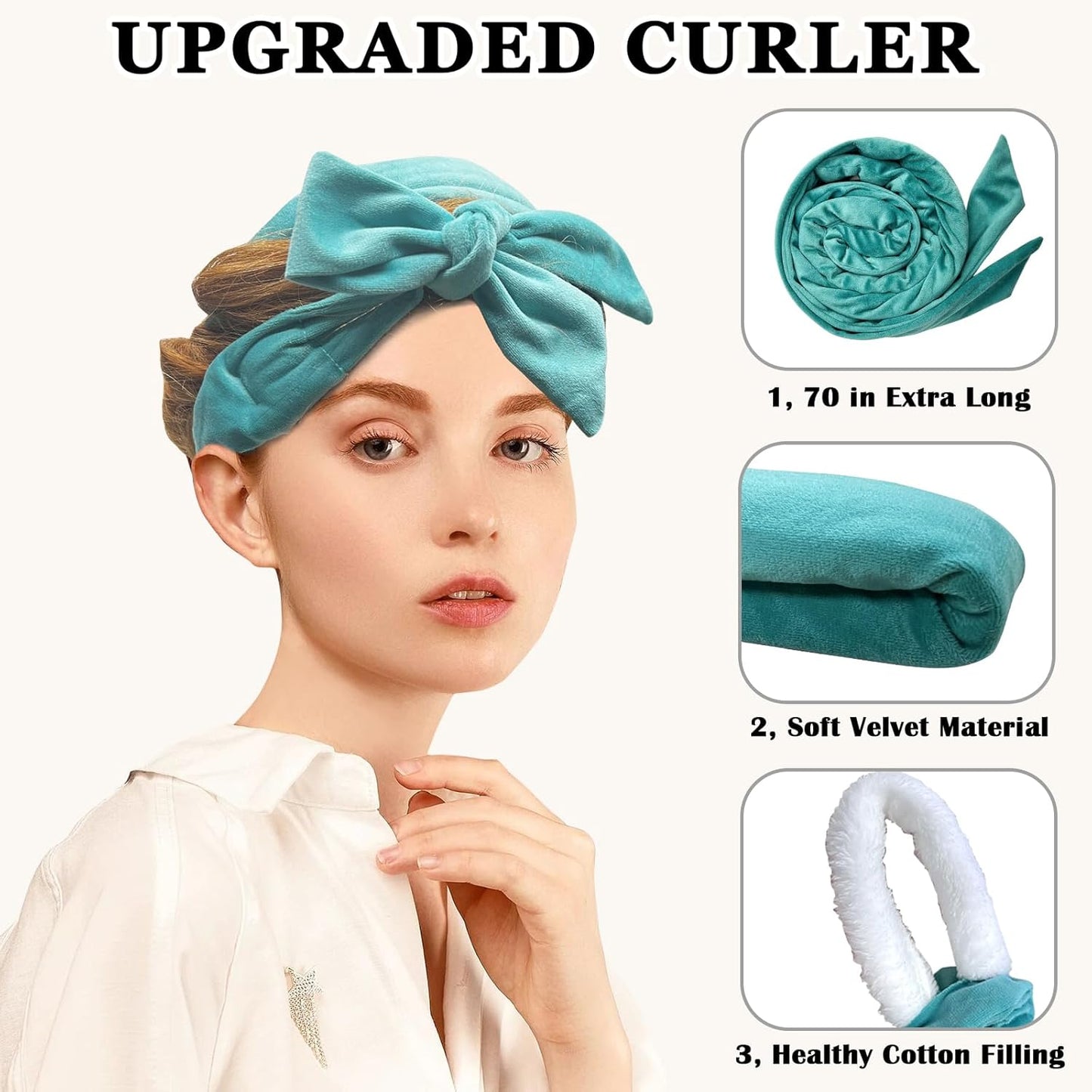 No Heat Overnight Curl Headband, 70" Soft Ribbon Wrap for Long Hair, 9 PCS Hair Curling Rods Set - Blue Green