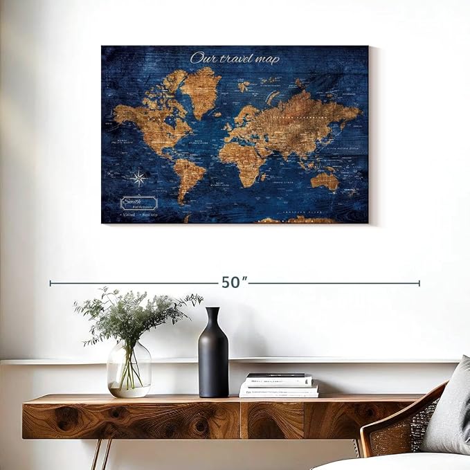 ElephantStock - Personalized Our Travel I Push Pin World Map Wall Art - Horizontal Canvas Wall Art - Living Room Wall Decor - Digital Art Map Canvas Art - Brown And Blue Decor - 36" x 24"