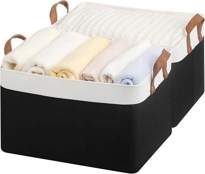 StorageWorks Storage Bins, Fabric Storage Bins for Shelves, Large Storage Baskets with Metal Frame, Closet Baskets and Bins with Handles, Black and White, 2-Pack