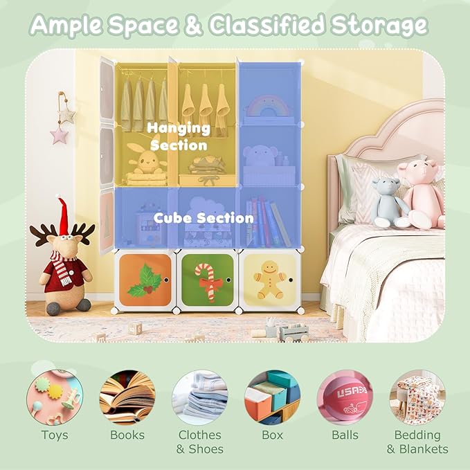 Costzon Kids Closet, Cartoon DIY Modular Dresser Storage Organizer with 12 Cubes & 2 Clothes Hanging Rack, Portable Armoire for Baby Toddlers, Kids Wardrobe for Bedroom Nursery