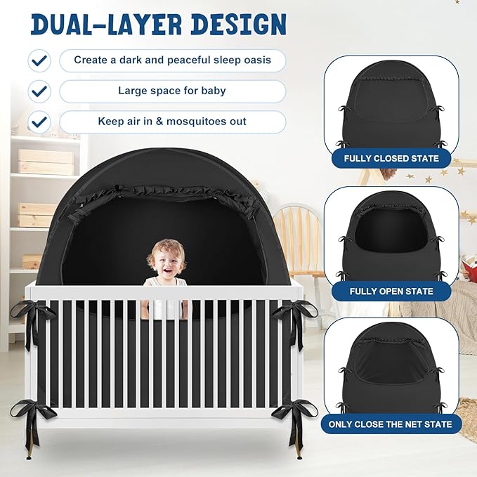 Blackout Baby Sleep Tent Sleep Pod, Pop Up Crib Blackout Cover Canopy for Naps at Home and Traveling, Fits Full Size Crib, Pack n Play, and More with Safe Bottom Design, Blocks 98% Light