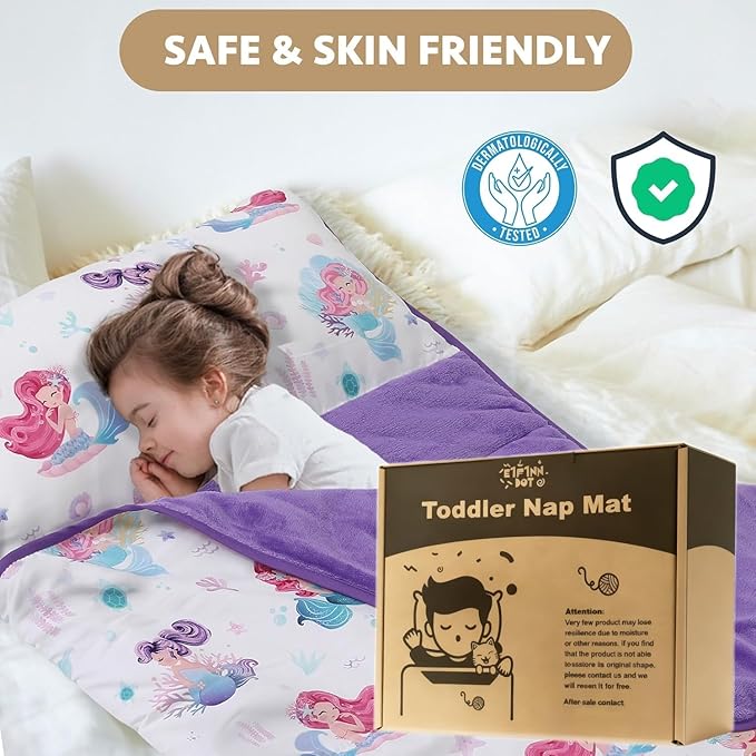 Toddler Nap Mat with Detachable Pillow & Blanket - Soft Plush Minky Fleece Kids Sleeping Bag for Daycare, Preschool & Travel - Portable Roll-Up Design with Carry Handle - Boys Girls Ages 3+