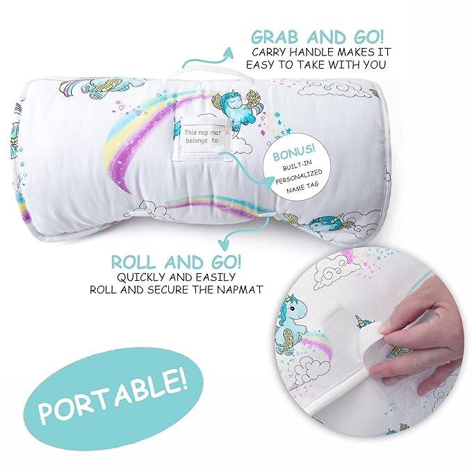 JumpOff Jo Nap Mat for Kids - Cozy Kids Rest Mat with Removable Pillow and Ultra Soft Blanket for Preschool, Daycare, and Sleepovers - Unicorn Pixie Dust