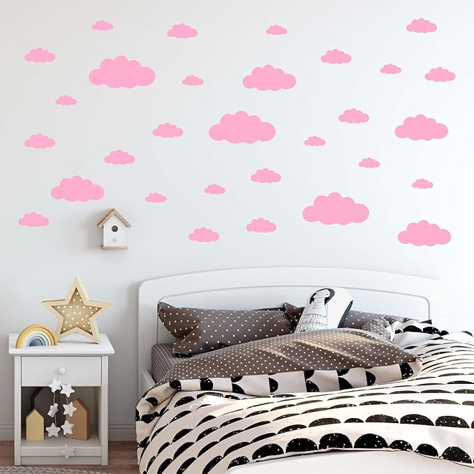 31PC Pink Cloud Wall Decals, Removable DIY Large Vinyl Sticker Self Adhesive Wallpaper for Living Room Nursery Children Baby Kids Boys Girls Bedroom Decor Home Art Mural Dec