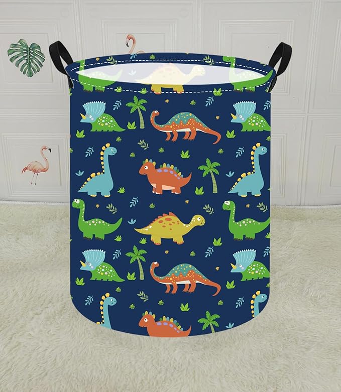KUNRO Round Dinosaur Laundry Gift Basket Storage Hamper, Kids Toys and Clothes Storage Organizer Bins, Toy Shelf Basket with Handles for Room Decor
