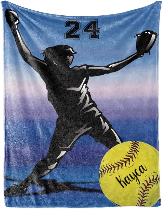 Custom Softball Blanket with Name Number: Personalized Fluffy and Warm Gift for Baby Toddler Kids and Adults Birthday Skin-Friendly Flannel Fabric(50x60inch)