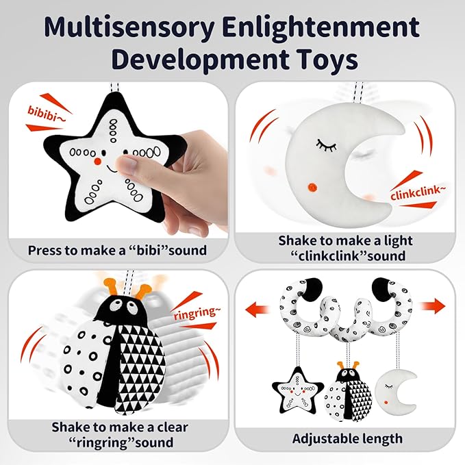 TSYAN Car Seat Toys for Babies 0-6 Months,Hanging Rattle Toys for Crib Mobile, Baby Spiral Hanging Stroller Black and White High Contrast Toys for Newborn 0 3 6 9 12 Months Baby Boys Girls (Bug)