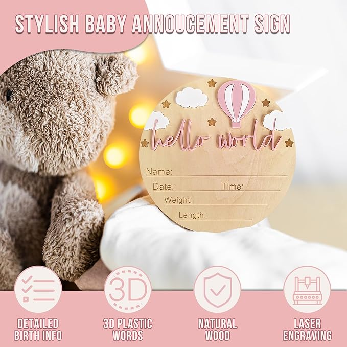 Hello World Newborn Sign - 5.9” Round Wooden Baby Announcement Sign with 3D Hot Air Balloon, Clouds & Stars - Keepsake Birth Gift for Baby Girl’s First Day, Hospital, Shower, or Nursery Décor (Pink)