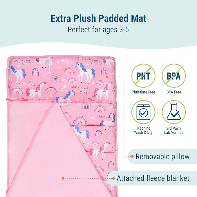 Wildkin 43-inch Kids Nap Mat – Soft Microfiber Toddler Sleeping Mat with Pillow